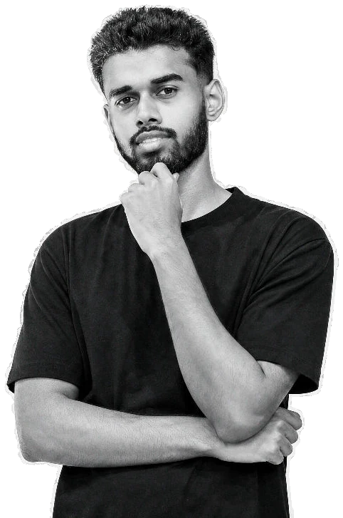 Black-and-white studio portrait of Nabil Ahamed
